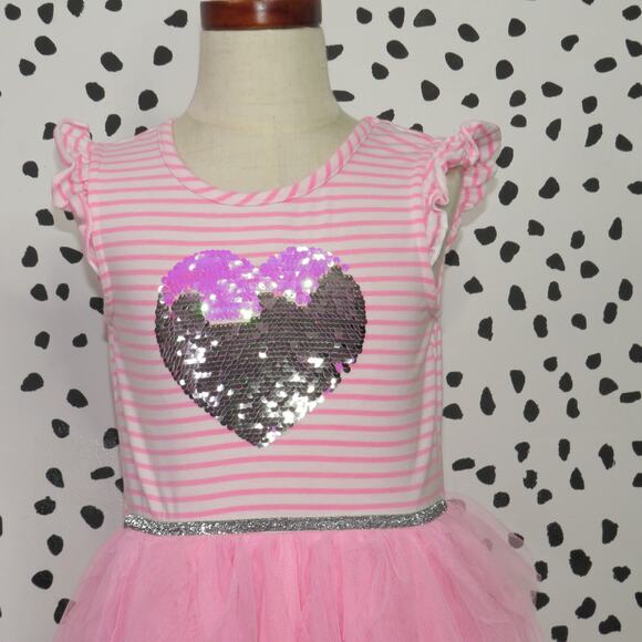 Pink & Violet Striped Sequin Heart Tulle Layered Girls Dress - Picture 2 of 6